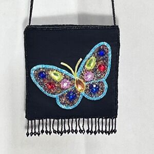 Vintage & NWT Rare Y2K 90s Ermo Black Jewel Beaded Butterfly Purse Bag Crossover